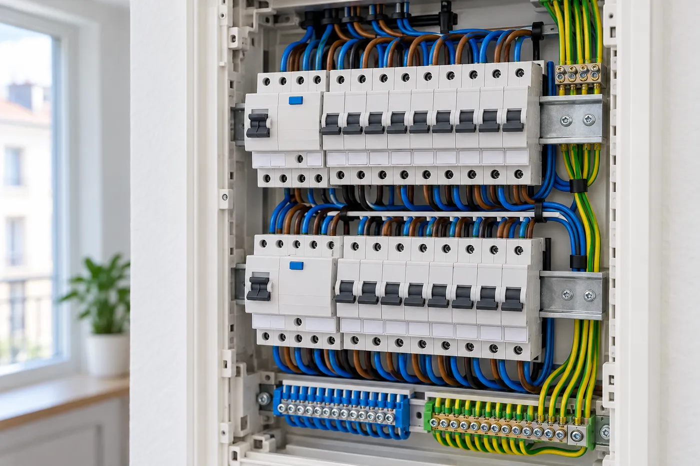 Tableau électrique remis à neuf avec disjoncteurs modulaires et câblage rangé